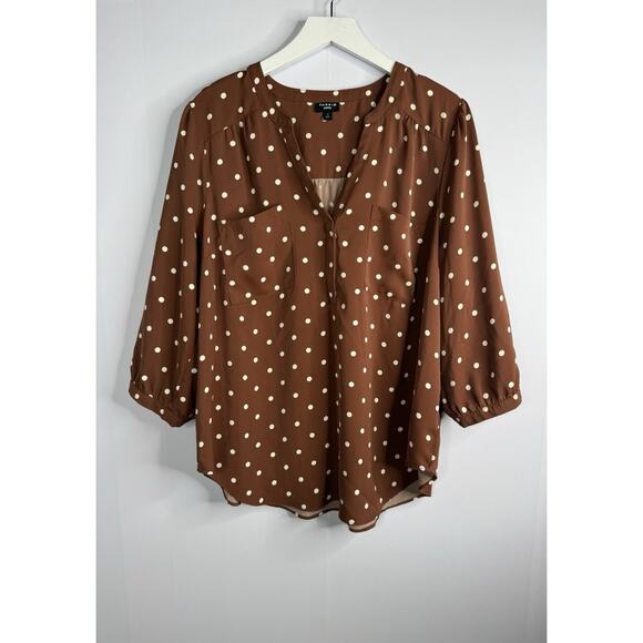 Torrid Harper Popover Top Womens Sz 2 2X Brown White Polka Dot 3/4 Sleeve Office - Picture 1 of 12